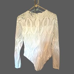 Forever 21 White/Cream Long Sleeve Lace Bodysuit L